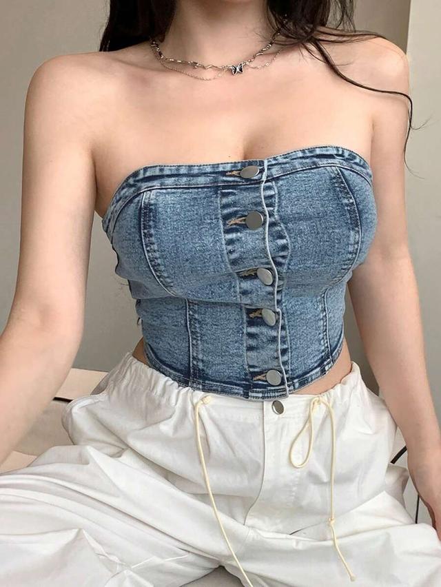 denim single-breasted casual cropped tube top