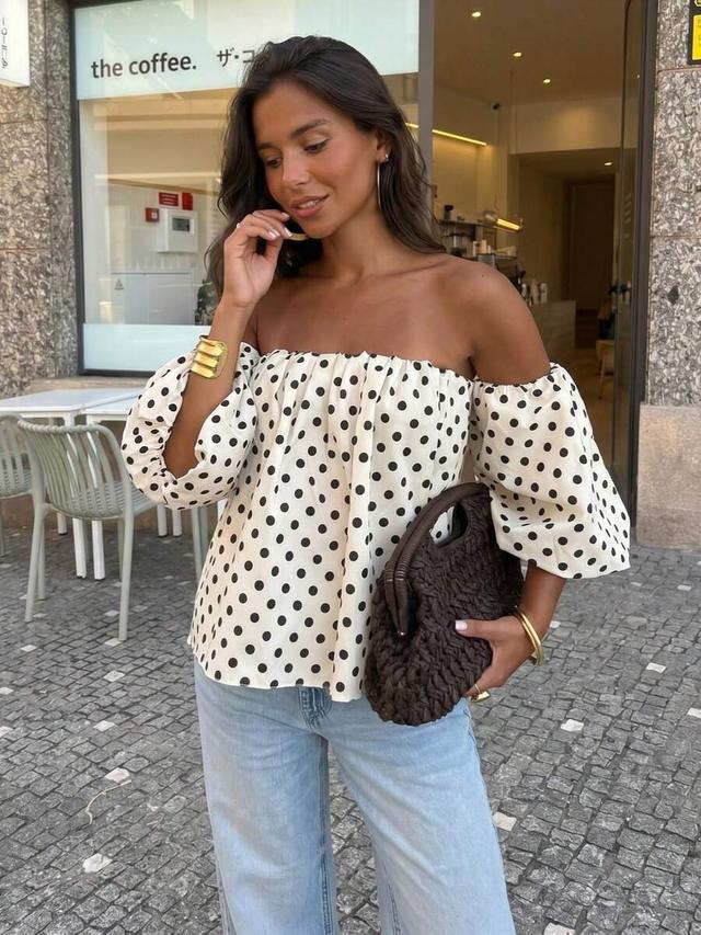 women's polka dot off shoulder pleated puff sleeve top
