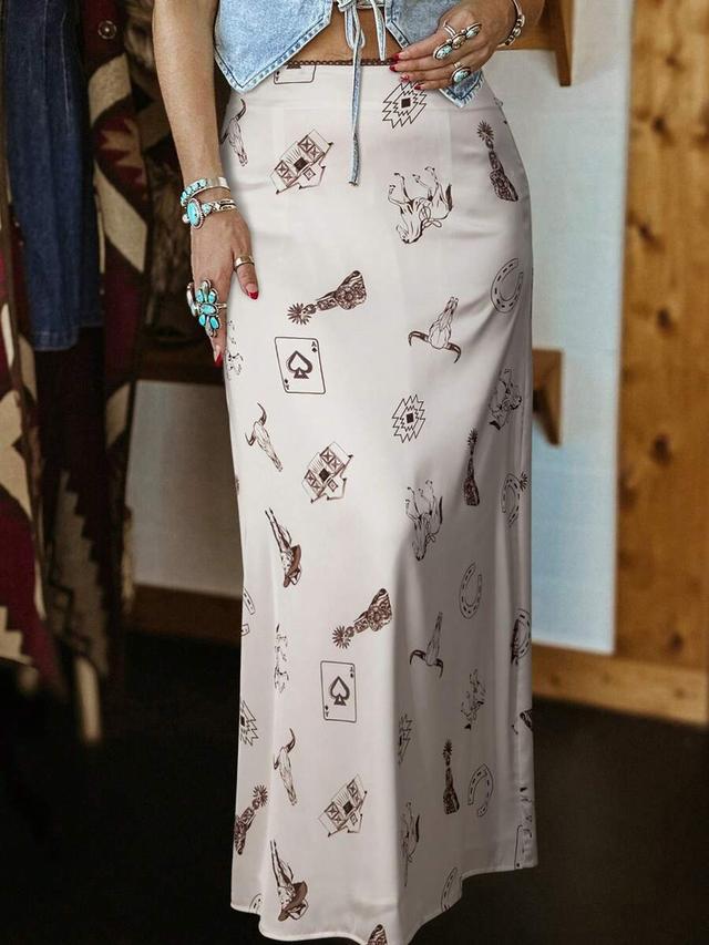 beige western wild horse print satin bodycon skirt