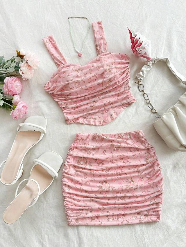 soleia women's pink floral bodycon top and skirt set