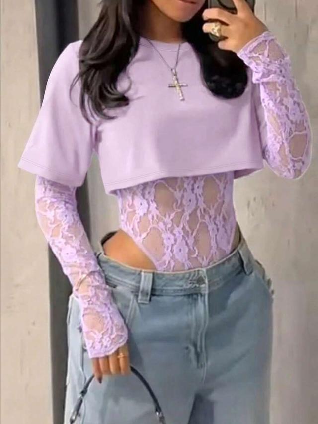 lavender lace patchwork sheer short sleeve crop top