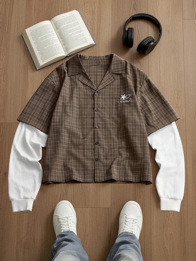 brown plaid patchwork two-in-one button-up shirt
