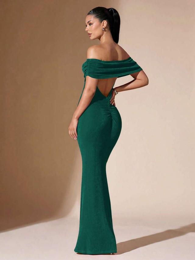 solid off shoulder slim fit evening prom dress