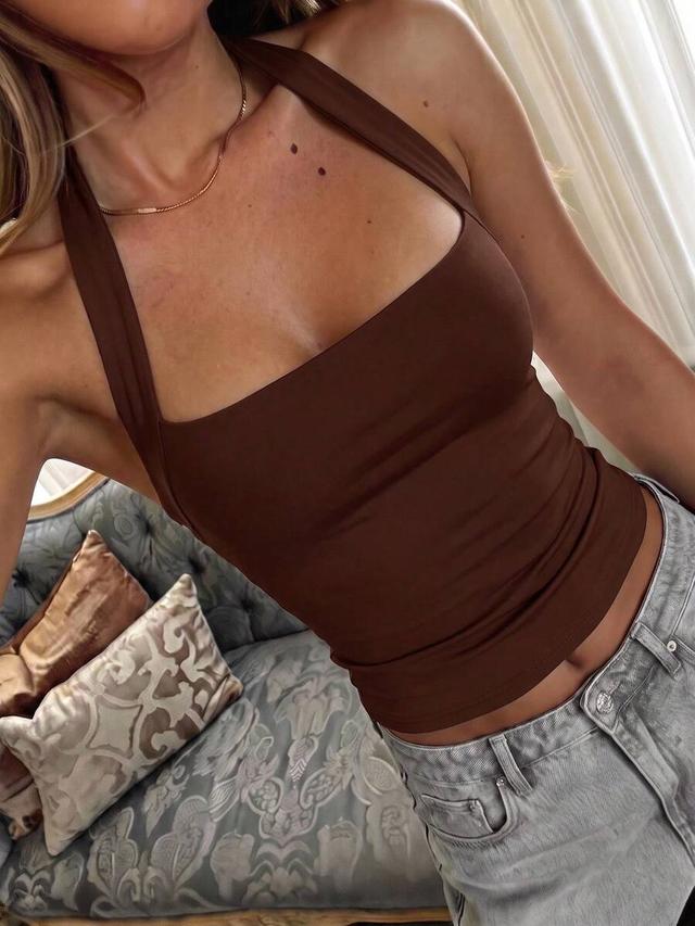 women's brown solid color halter neck casual top