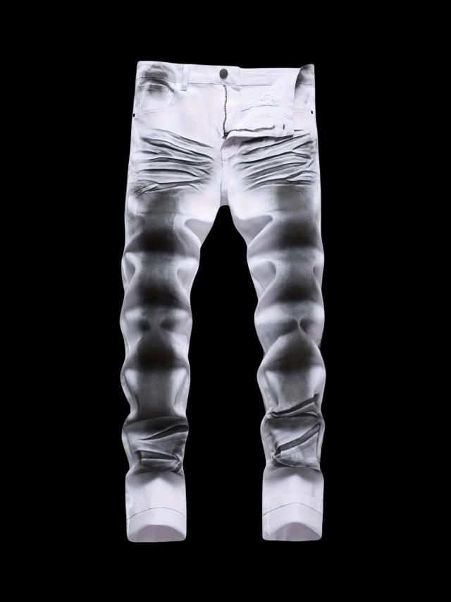 men's slim stretch white and grey printed jeans