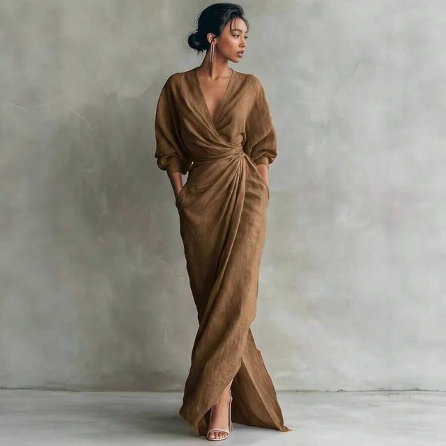 brown wrap maxi dress with draped waist