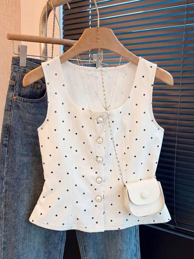 white and black polka dot pearl button tank top