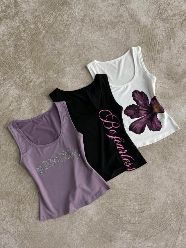 white u-neck rhinestone letter print camisole
