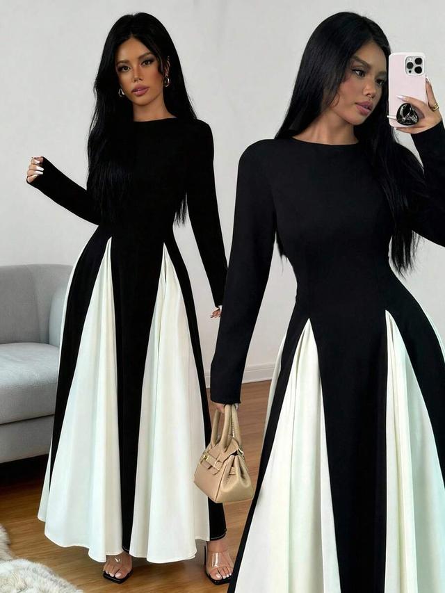 color block long sleeve round neck patchwork maxi dress