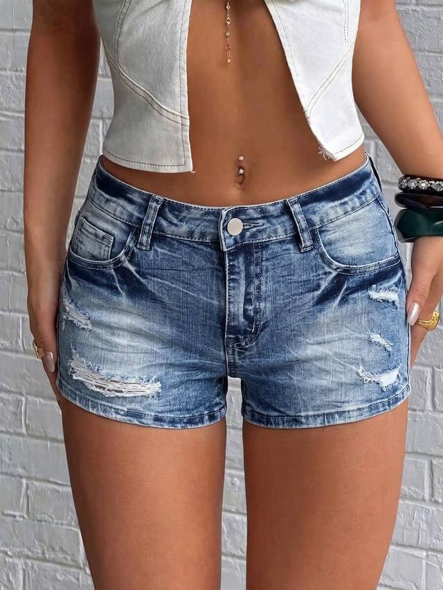 distressed blue denim mid-rise shorts