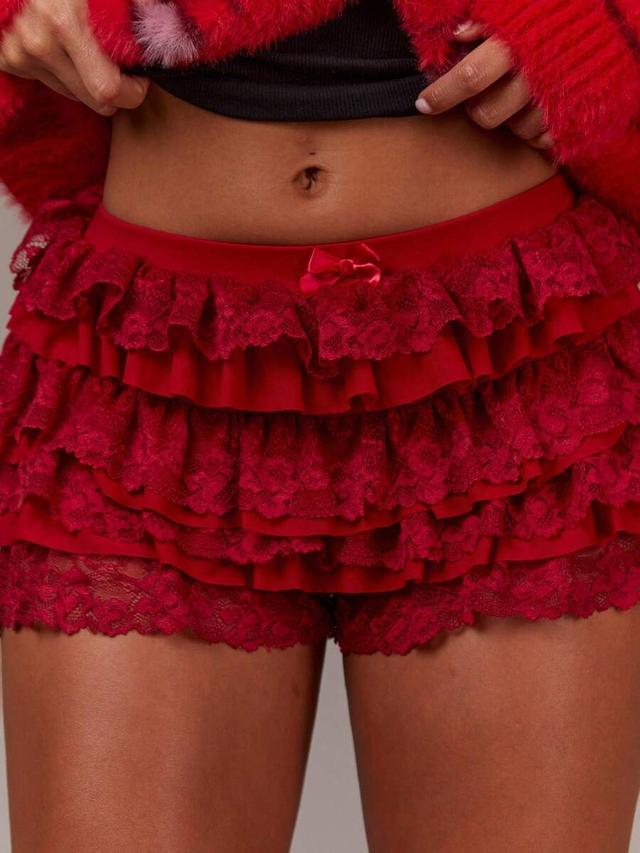red lace ruffle trim low waist micro shorts