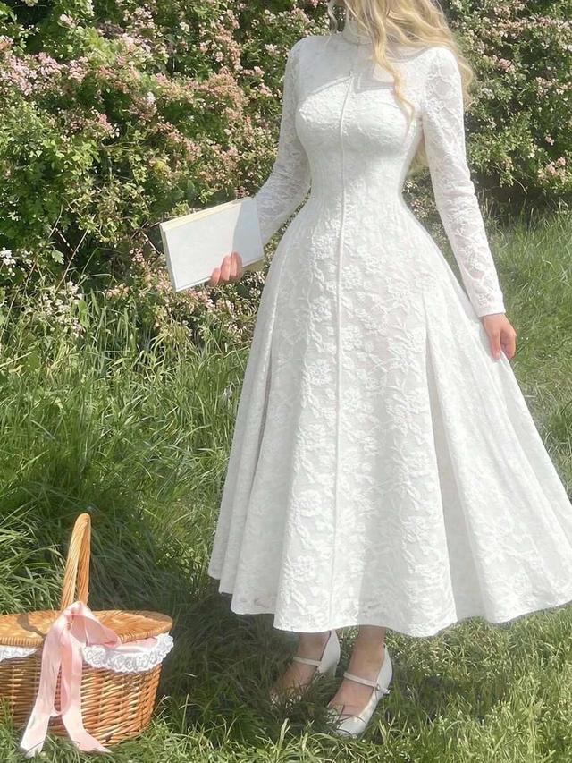 white vintage jacquard long sleeve stand collar dress