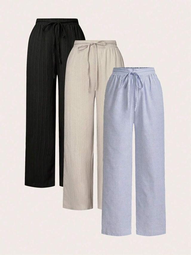 blue stripes casual striped straight leg pants with waist tie