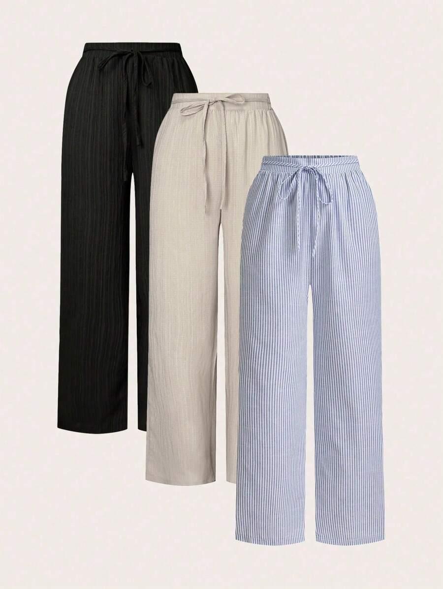 blue stripes casual striped straight leg pants with waist tie