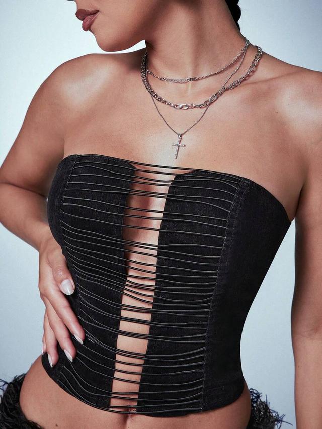 black denim strapless corset top with cut out detail