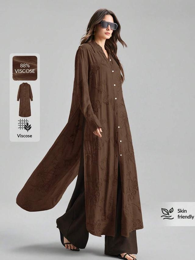 brown floral embroidered long sleeve modest blouse