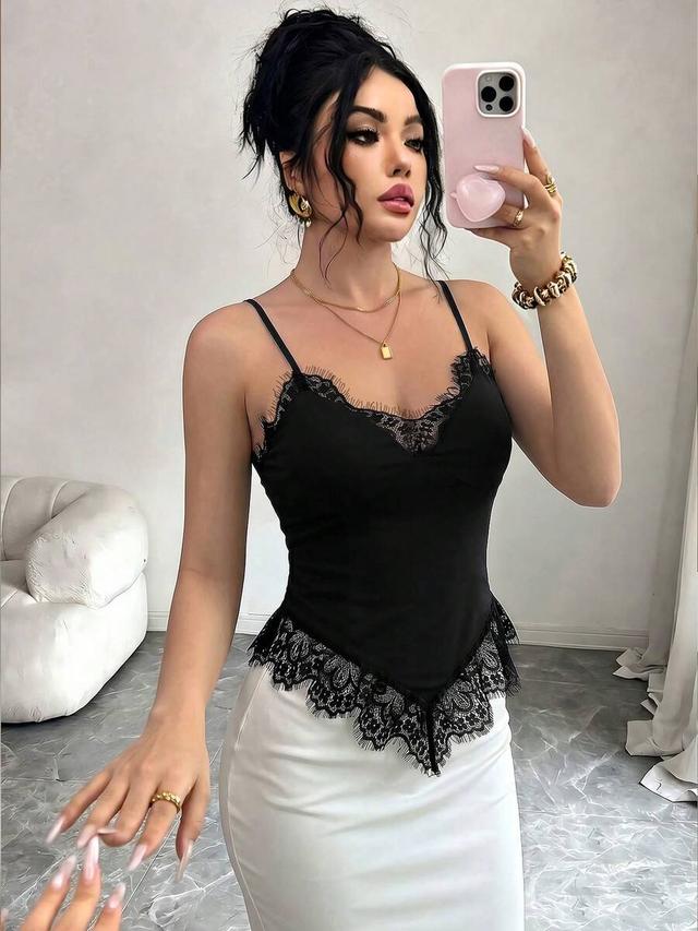 black contrast lace trim v-neck camisole