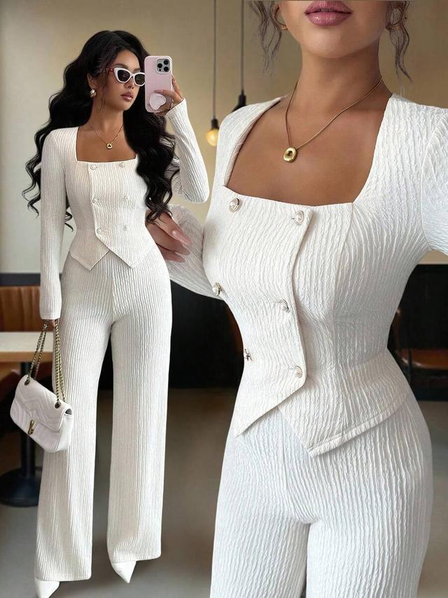 textured white long sleeve blazer and straight leg pants
