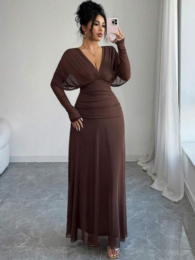 coffee brown v-neck mesh maxi dress