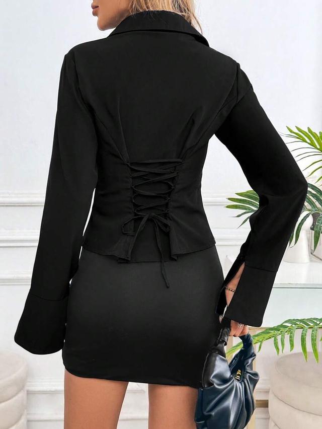 solid black long sleeve lace up back shirt