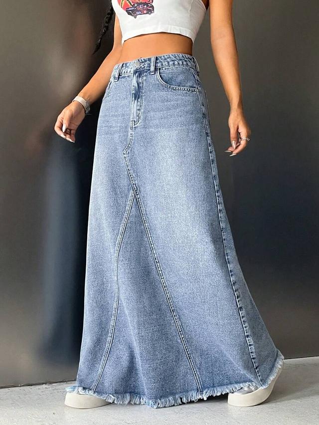 light wash denim maxi skirt with frayed hem