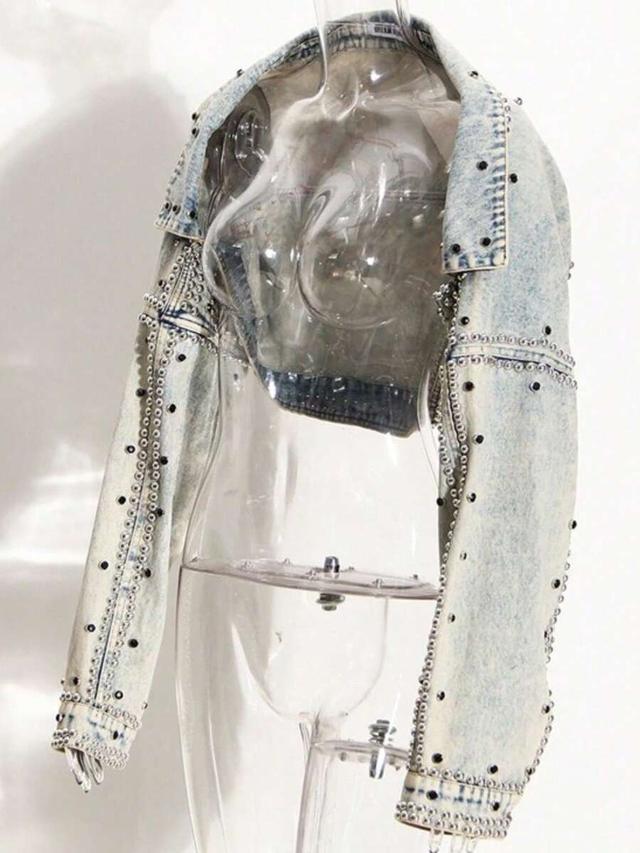 rivet diamond wash high waist denim shawl jacket