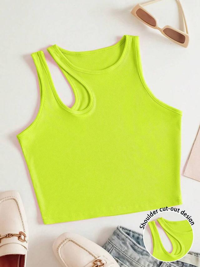 neon green ribbed knit cut out shoulder tank top