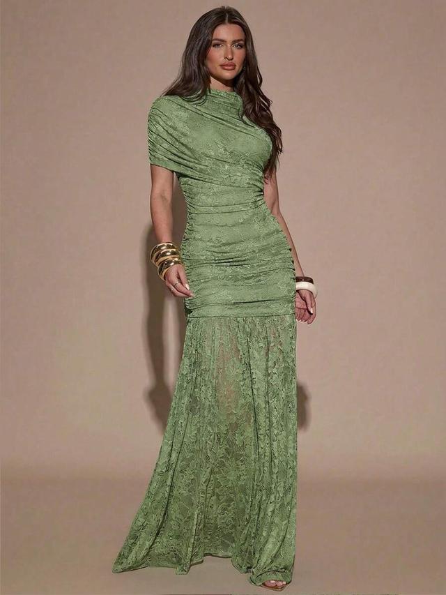 elegant high neck ruched green lace a-line dress