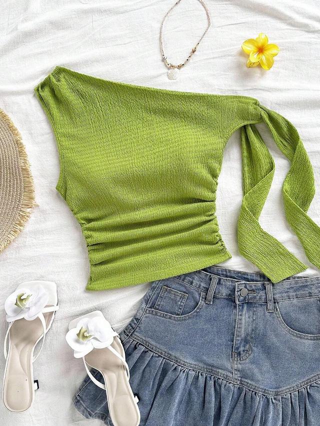 lime green asymmetrical tie-shoulder ruched top