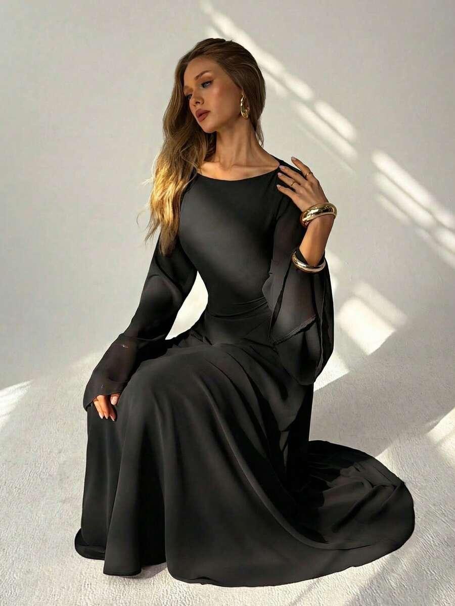 elegant black off shoulder flare sleeve maxi dress