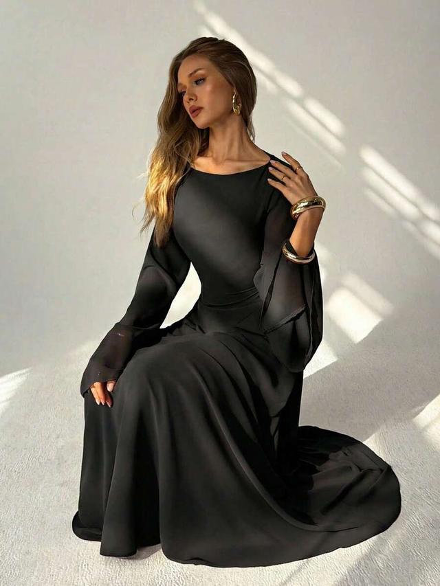 elegant black off shoulder flare sleeve maxi dress