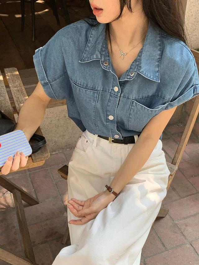 blue denim short sleeve button up shirt