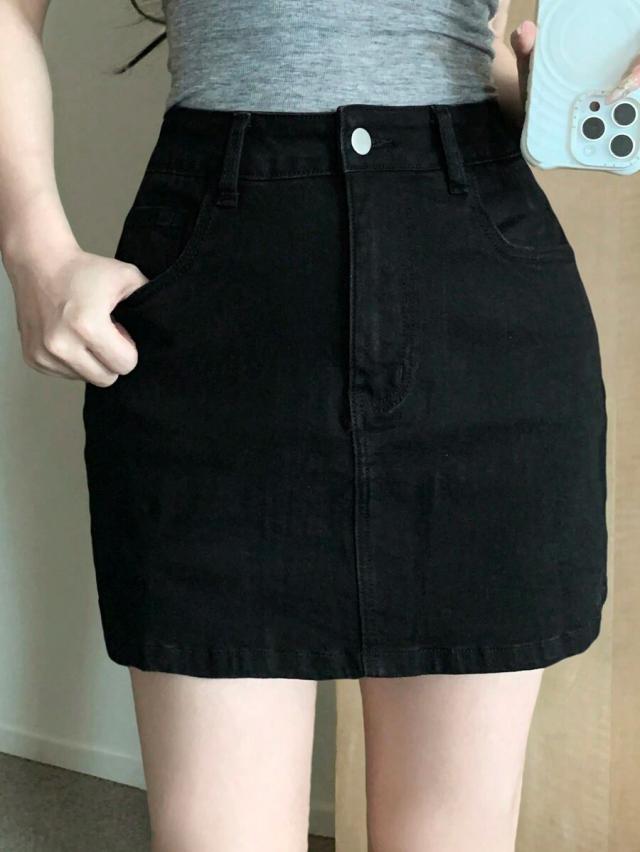 black denim mini skirt with classic five-pocket styling