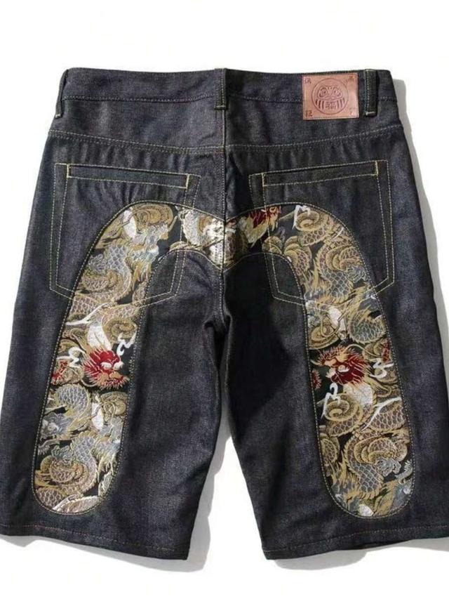 hip-hop style printed denim shorts with dragon design
