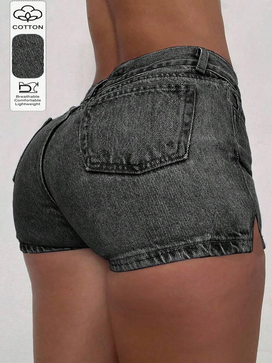 washed black denim high-waisted shorts