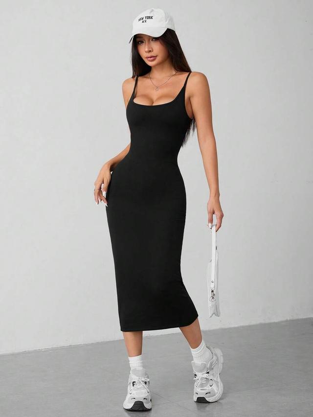 solid black fitted spaghetti strap midi dress