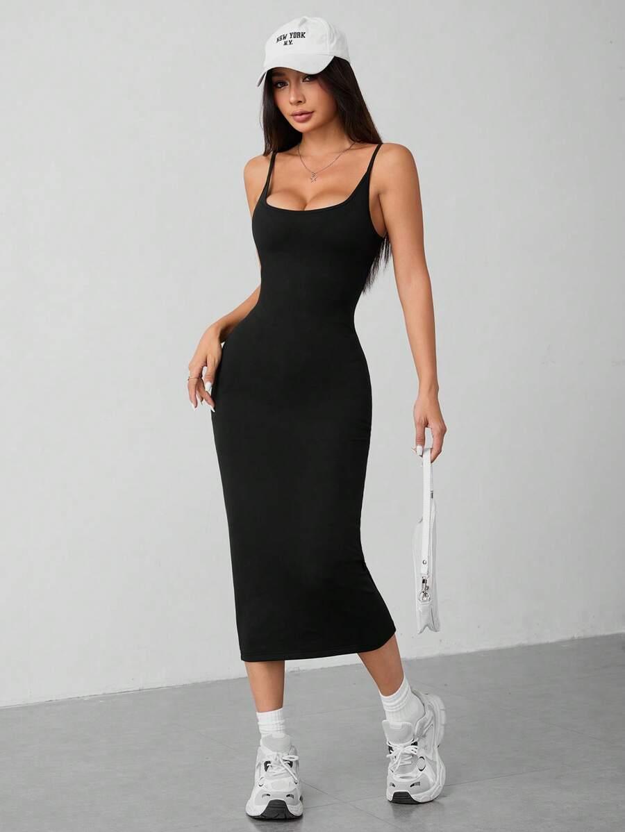 solid black fitted spaghetti strap midi dress