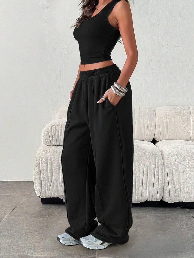 black high-waisted wide-leg cotton sweatpants