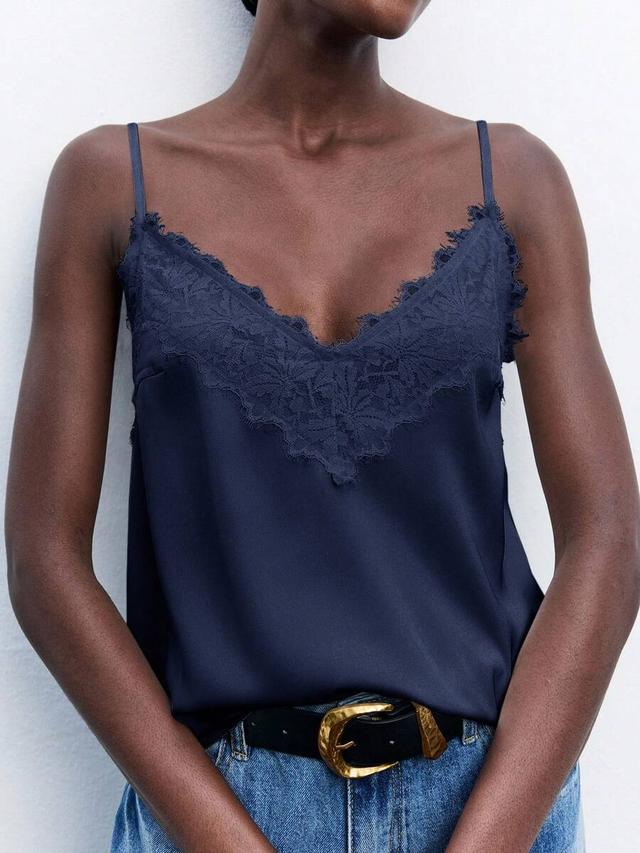 navy blue satin cami top with lace trim