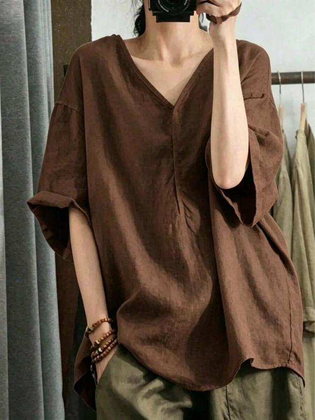 women's loose brown woven dropped shoulder short sleeve top