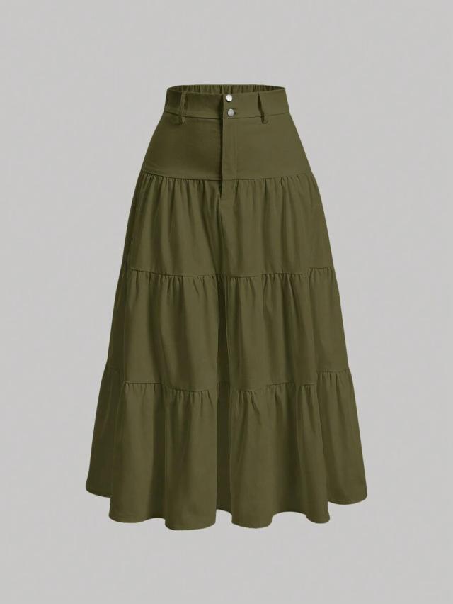 olive green layered ruffle hem midi skirt