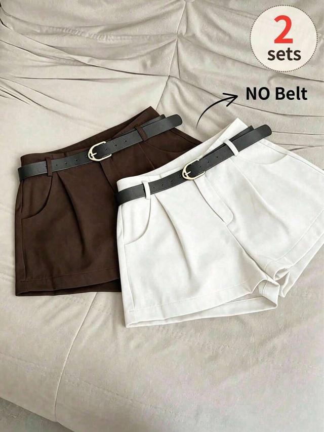 brown pleated casual shorts with belt