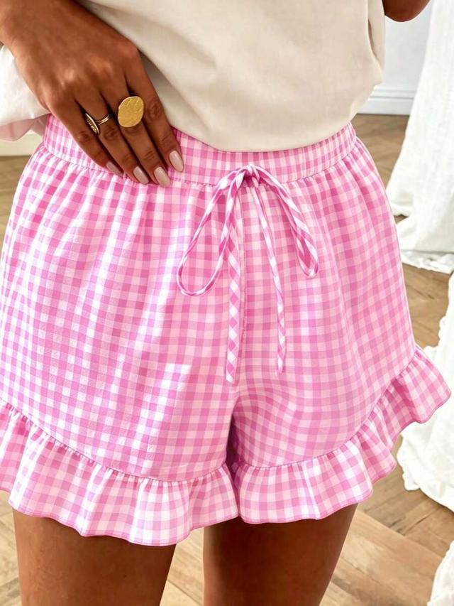 pink cherry print plaid ruffle hem tie shorts