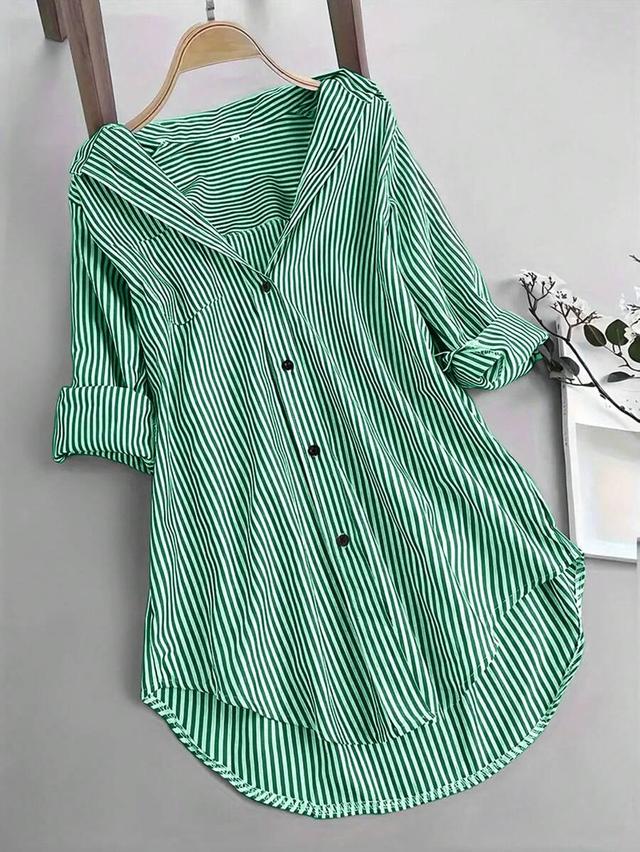 green and white striped loose fit casual shirt