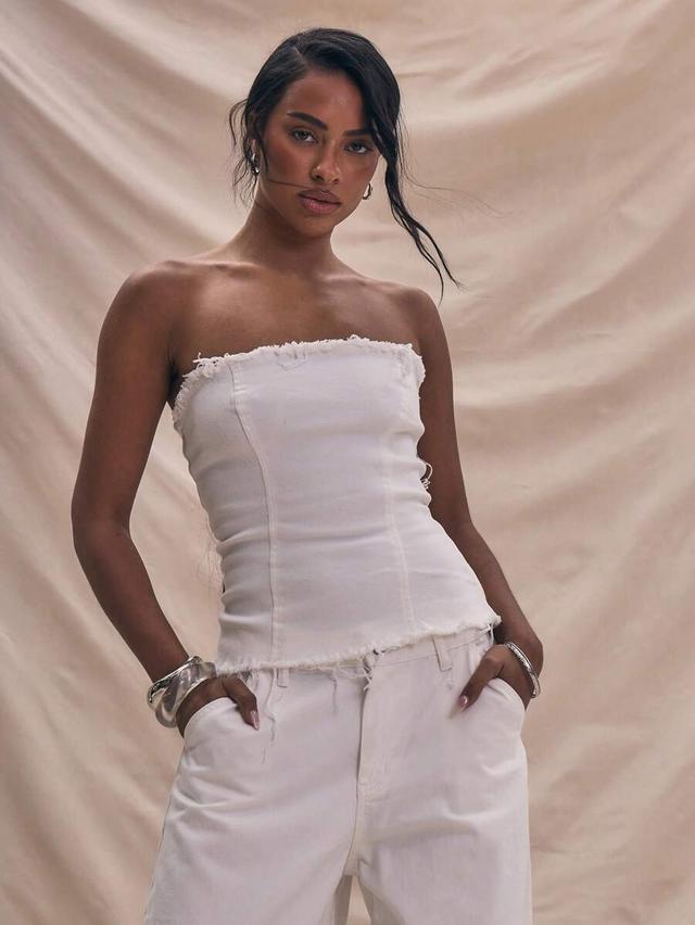 white distressed denim bandeau cinched waist top