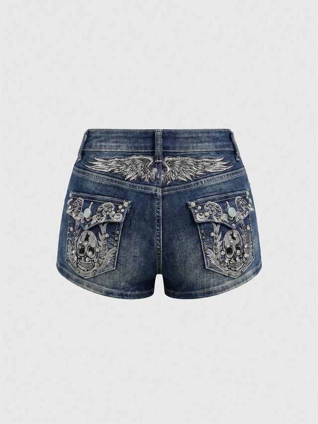 y2k retro wing skull embroidered denim shorts