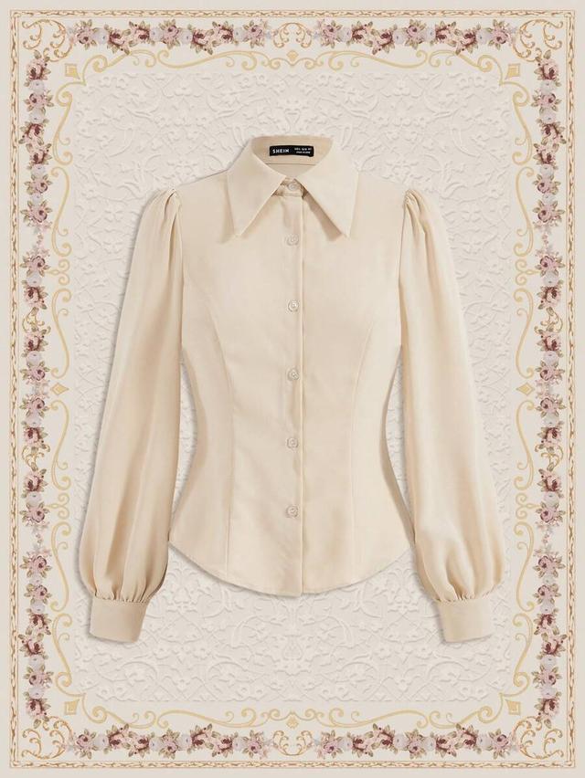 beige puff long sleeve button down shirt