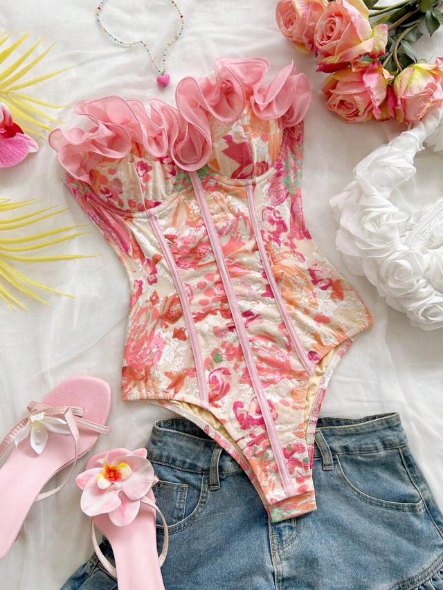 floral ruffled strapless corset bodysuit