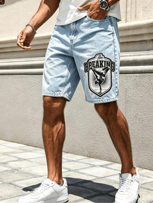 light wash denim breakdance graphic print loose shorts