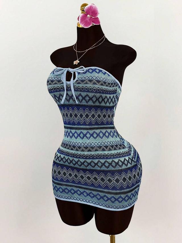 bohemian blue textured knit tie-up bodycon mini dress